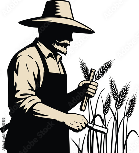Vintage farmer harvesting wheat illustration, traditional agriculture worker wearing hat and apron in grain field, retro rural farming vector art design