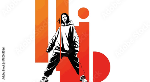 A dynamic illustration of a young woman in a hoodie and baggy pants, striking a confident pose against a backdrop of bold orange and red graphic elements.