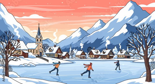 Winter Village Scene with Ice Skaters in a Snowy Landscape