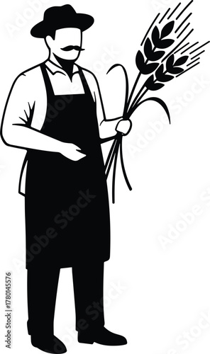 Vintage farmer holding wheat illustration, traditional agriculture worker wearing hat and apron, rural farming concept, retro harvest vector design artwork