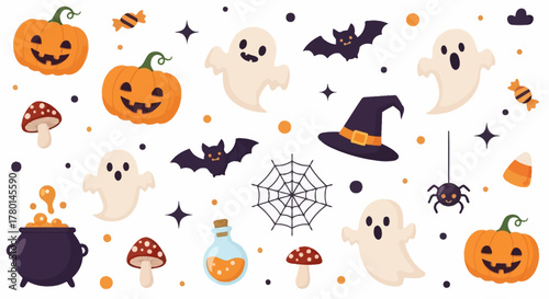 Spooky Halloween Icons Pumpkins, Ghosts, Bats, and More for Festive Designs