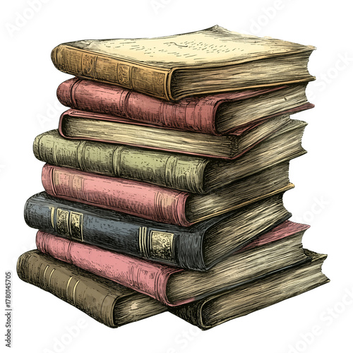 Classic Book Stack Engraving Style Illustration, Generative AI