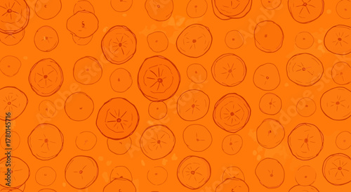 An orange background is filled with numerous circular shapes, resembling cross-sections of citrus fruits.
