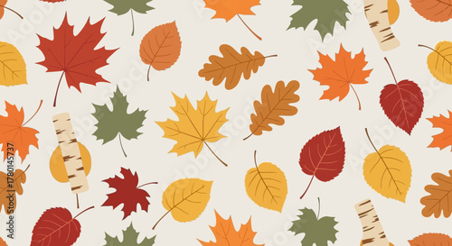 Autumn Pattern with Various Leaves and Birch Bark for Seasonal Decor, Fall Background