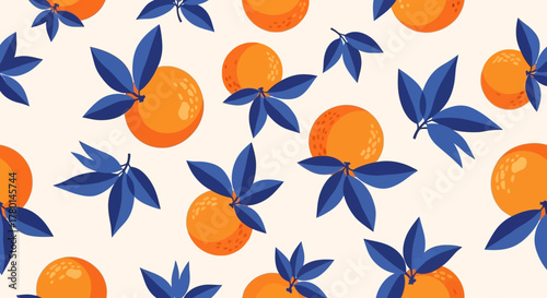 A seamless pattern of vibrant orange fruits with dark blue leaves on a light cream background.