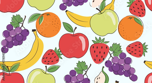 Seamless pattern illustration featuring a variety of colorful fruits including apples, oranges, bananas, strawberries, and grapes on a light blue background.