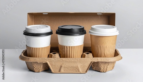 Coffee cups ready to go in a carrier, perfect for takeout or coffee delivery service