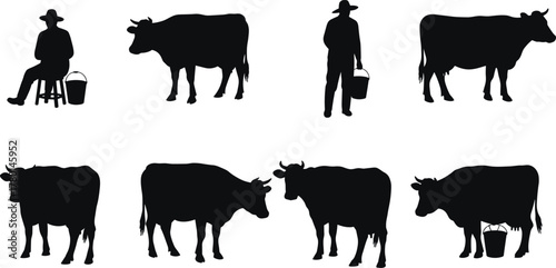 Cow and farmer silhouette, rural dairy scene, bucket and stool, black and white vector, cad drawing flat vector illustrationCow