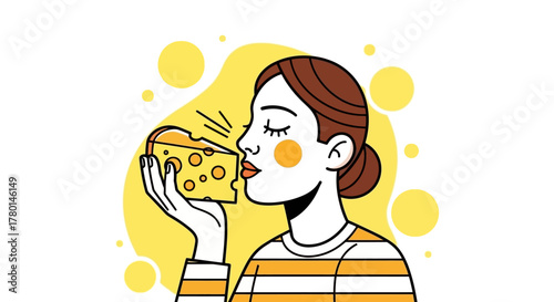 Woman Smelling Cheese with Yellow Background Graphic