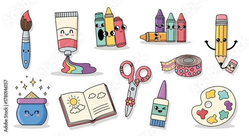 Cute School Supplies Cartoon Illustrations Crayons, Paintbrush, Pencil, and Palette