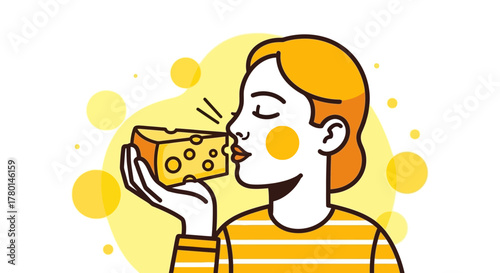 Enjoying the Aroma Woman Smelling Cheese, Illustration