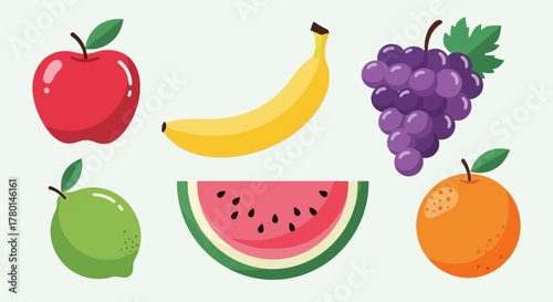 A colorful collection of six cartoon fruits including an apple, banana, grapes, lime, watermelon, and orange.