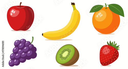 A vibrant collection of six different cartoon-style fruits including an apple, banana, orange, grapes, kiwi, and strawberry on a white background.