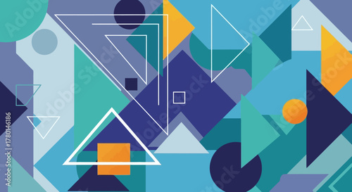 Abstract geometric shapes in various colors, including triangles, squares, and circles, create a dynamic and visually appealing composition.