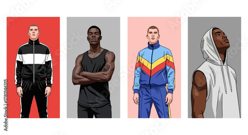 Athletic Style Men in Tracksuits and Sportswear Illustration