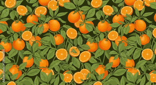 A vibrant and detailed illustration showcasing a lush orange tree with ripe fruit and green foliage.