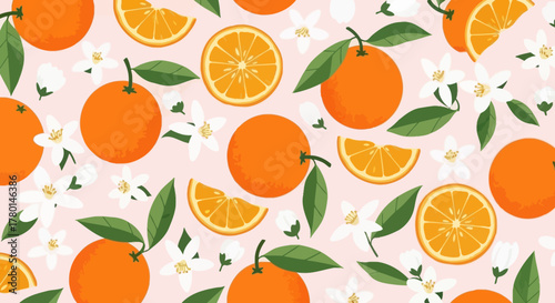 Orange fruit pattern with flowers and leaves on a light pink background.