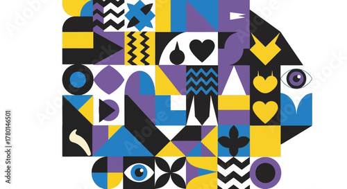 Abstract geometric portrait illustration with shapes in yellow, blue, purple, and black, forming a human head with symbolic elements.