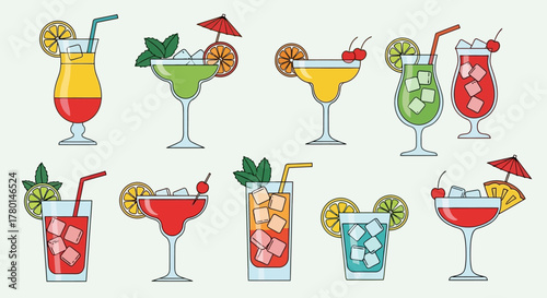 A collection of ten colorful summer cocktails and tropical drinks in various glasses with garnishes.