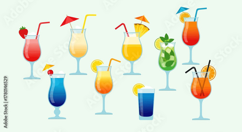 A vibrant collection of nine colorful tropical cocktails, each garnished with fruit and umbrellas, set against a light green background.
