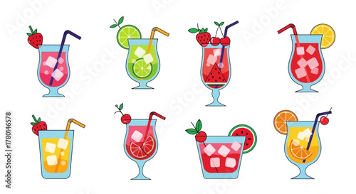 Colorful vector illustration of various summer cocktails with fruit garnishes and straws, isolated on white background.