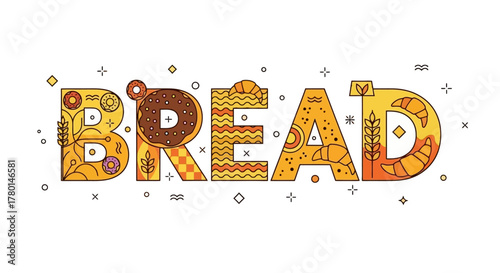 Whimsical Bread Typography Design Doughnut, Wheat, and Croissant Accents