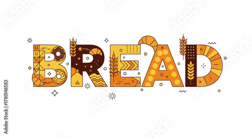 Decorative Bread Text with Wheat and Flour Elements Illustration