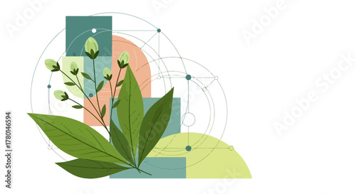Abstract illustration of green leaves and buds with geometric shapes and connecting lines, symbolizing growth and nature.
