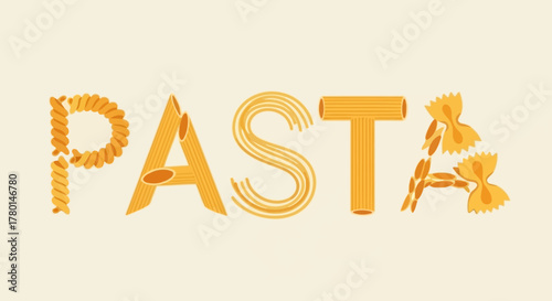The word PASTA creatively spelled out using an assortment of different pasta shapes and types on a minimalist, light beige background.