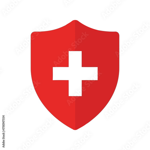 Red medical shield with white cross icon, health care protection, insurance security symbol