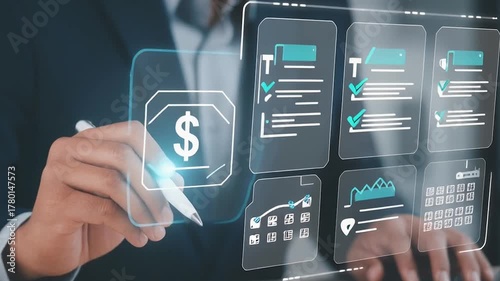 businessman pressing a touchscreen button