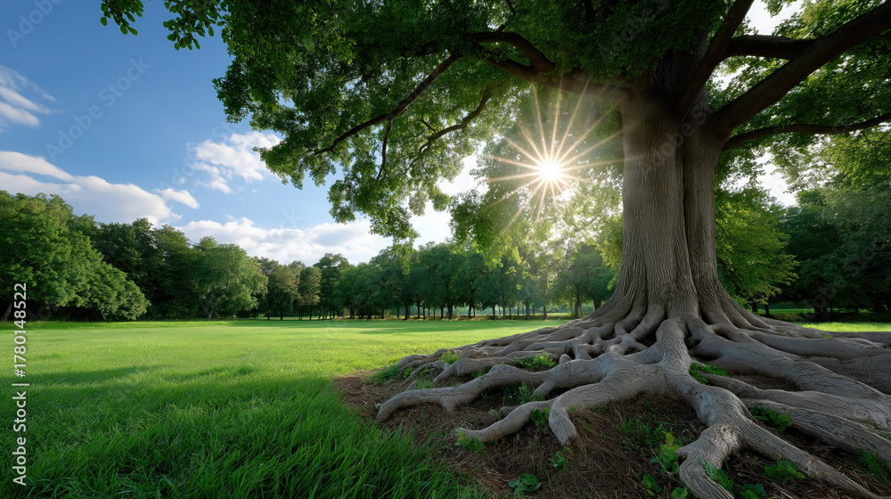 Fototapeta premium Majestic tree with sprawling roots stands in lush green field, bathed in sunlight, creating serene and peaceful atmosphere