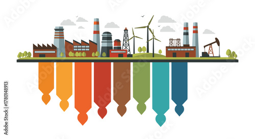 Illustration of diverse energy infrastructure featuring factories, power plants, wind turbines, and an oil rig with colorful descending indicators.