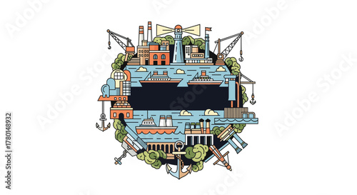 Vibrant circular illustration of a busy port city featuring industrial buildings, ships, cranes, and a lighthouse, emblematic of global trade.