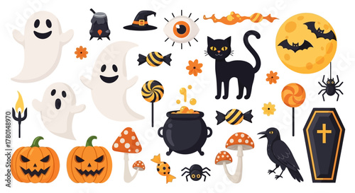Halloween Icons Spooky Ghost, Pumpkin, Cat, and Crow Illustrations