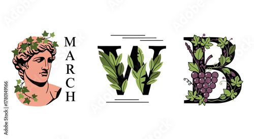 Elegant Designs with Classical Bust, Foliage, and Grape Vine for March
