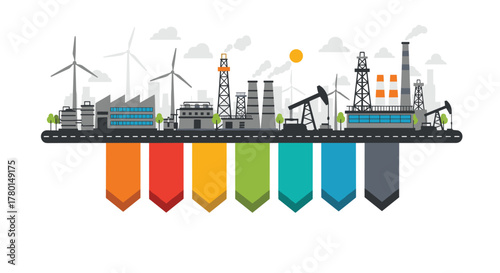 Illustrative landscape of industrial production, featuring factories, wind turbines, and oil rigs, with colorful infographic arrows below.