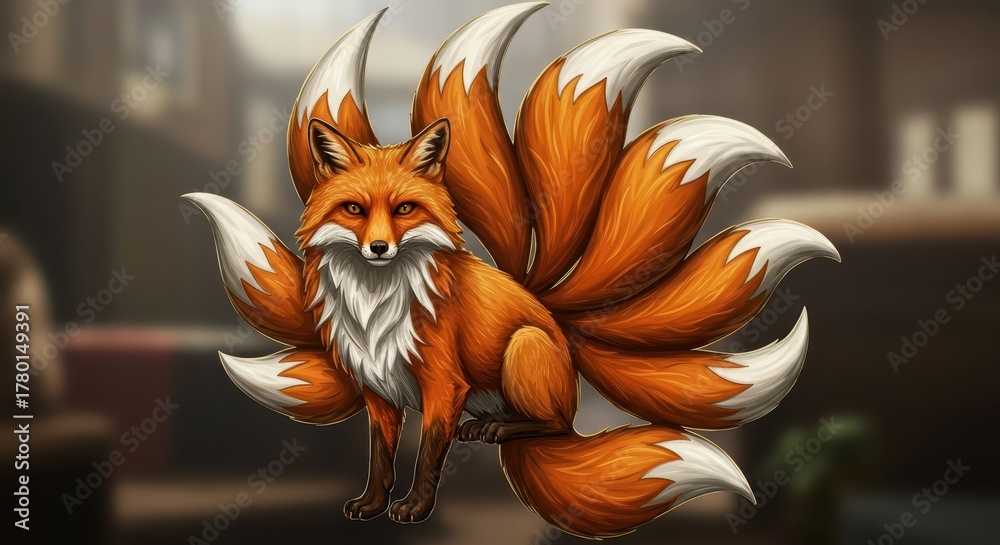 Naklejka premium Mythical orange fox creature with multiple elaborate tails stands facing forward