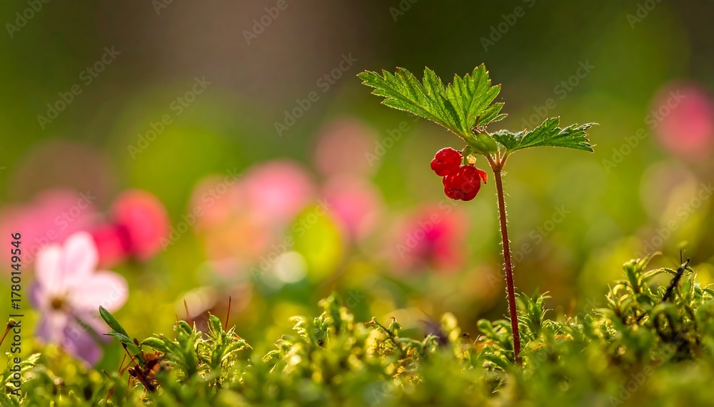 Obraz premium Close-up of a tiny plant with two red berries and a single leaf, set against a blurred background
