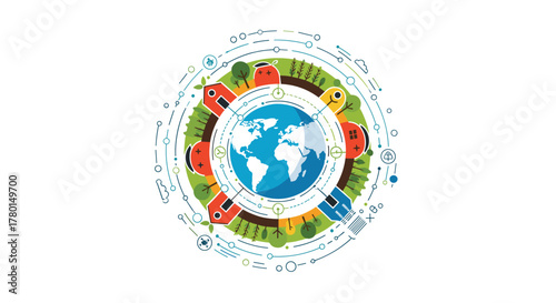 An illustration depicting a sustainable global village powered by interconnected technology, emphasizing ecological balance and community living.