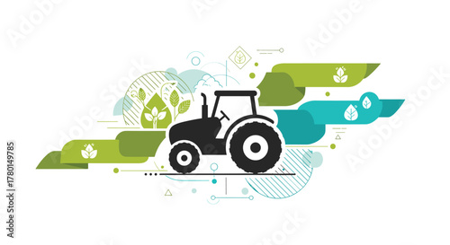 Modern agriculture concept with a tractor icon, stylized green and teal ribbons, leaves, and geometric shapes, symbolizing sustainable farming and growth.