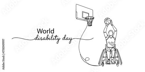 Minimalist line art illustration of a person in a wheelchair shooting a basketball, with the hoop and text forming “World Disability Day.” This artwork celebrates inclusion, ability