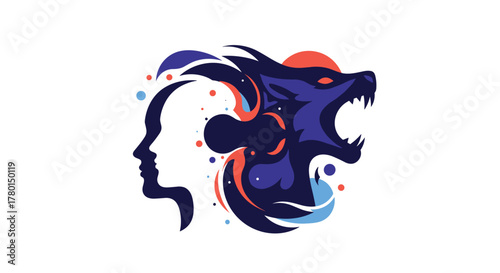 Abstract illustration of a human profile merging with a roaring wolf's head, representing inner power, emotional duality, and personal transformation.