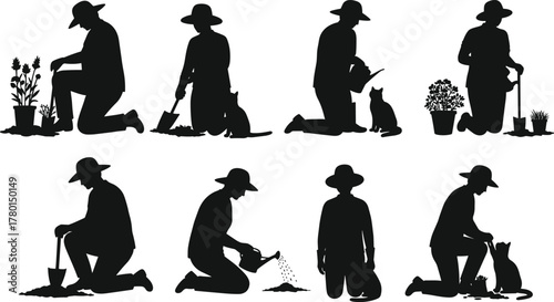 Gardening silhouette illustration, person planting, watering, digging, with cat, black and white vector, cad drawing flat vector illustration