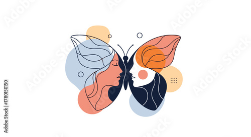 Stylized illustration of two women's faces in profile forming a butterfly, symbolizing transformation, connection, and inner harmony with abstract shapes.
