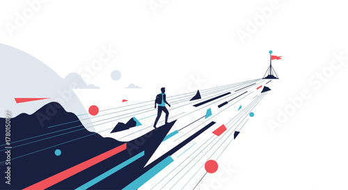A determined individual embarks on an uphill journey towards a distant goal, navigating a path made of abstract geometric shapes.