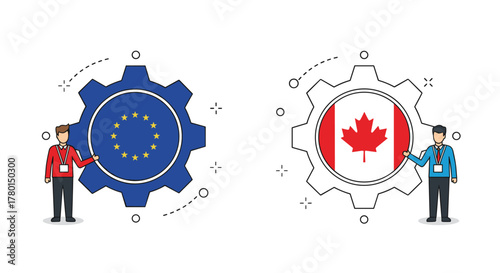 Illustration showing two individuals presenting the European Union and Canadian flags within gears, symbolizing partnership and cooperation.