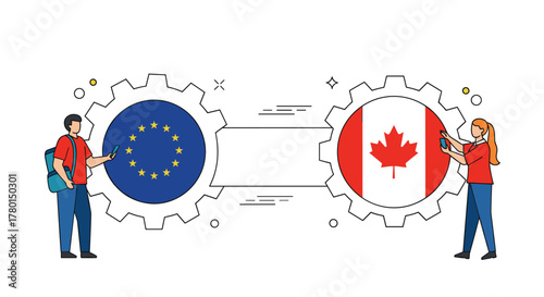 Two people digitally engaging with gears representing the European Union and Canada, symbolizing partnership and cooperation.