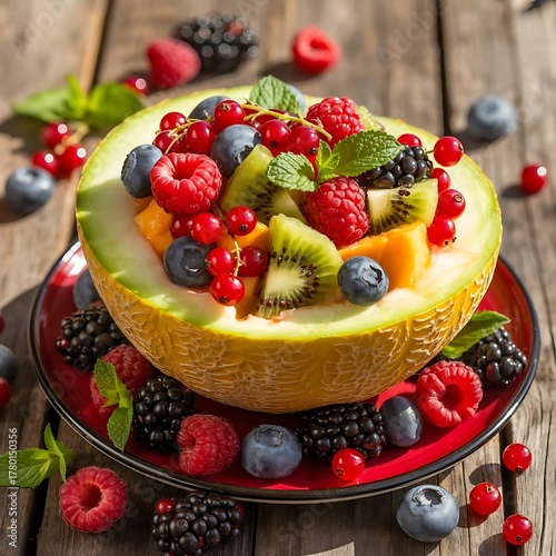 Melon bowl filled with fresh summer berries and fruits