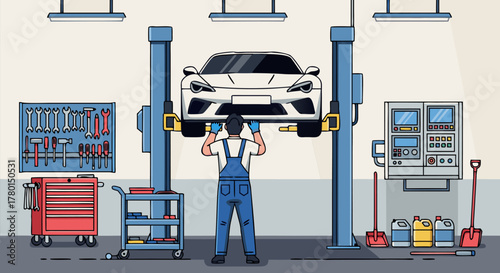 Automotive mechanic performing service on a car lift in a garage, displaying tools and equipment